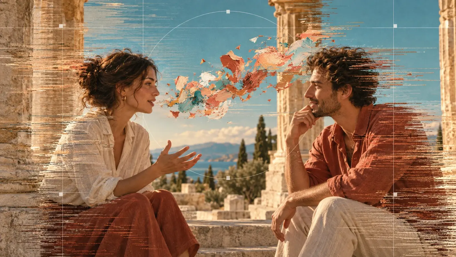 Dos personas conversan entre columnas clásicas; entre ellas flotan fragmentos de color