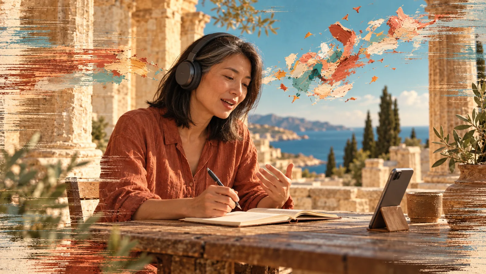 Una mujer con auriculares practica en voz alta junto a un cuaderno y un teléfono en una terraza mediterránea con columnas