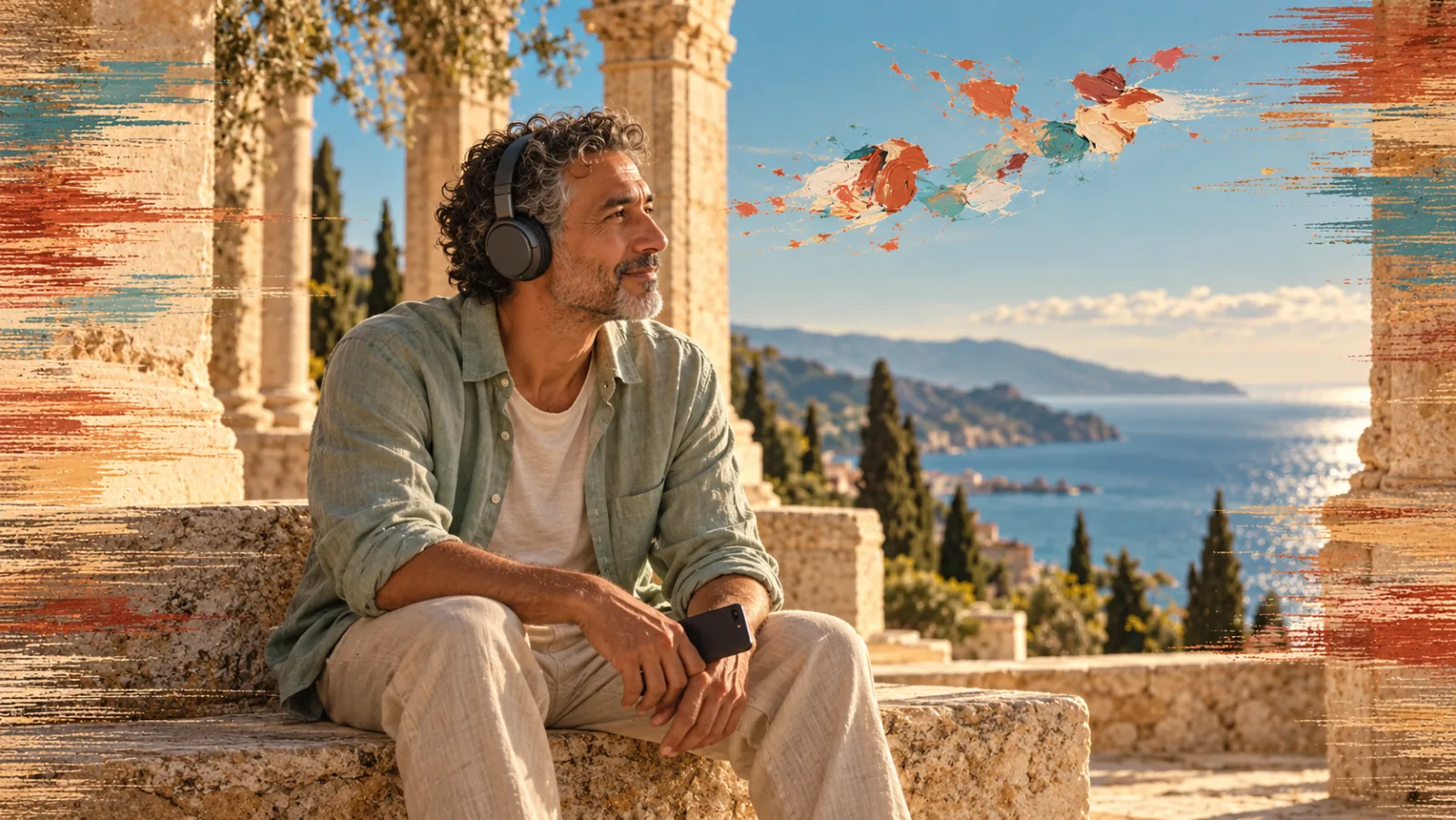 Un hombre con auriculares escucha un audio sentado en un banco de piedra entre columnas mediterráneas frente al mar