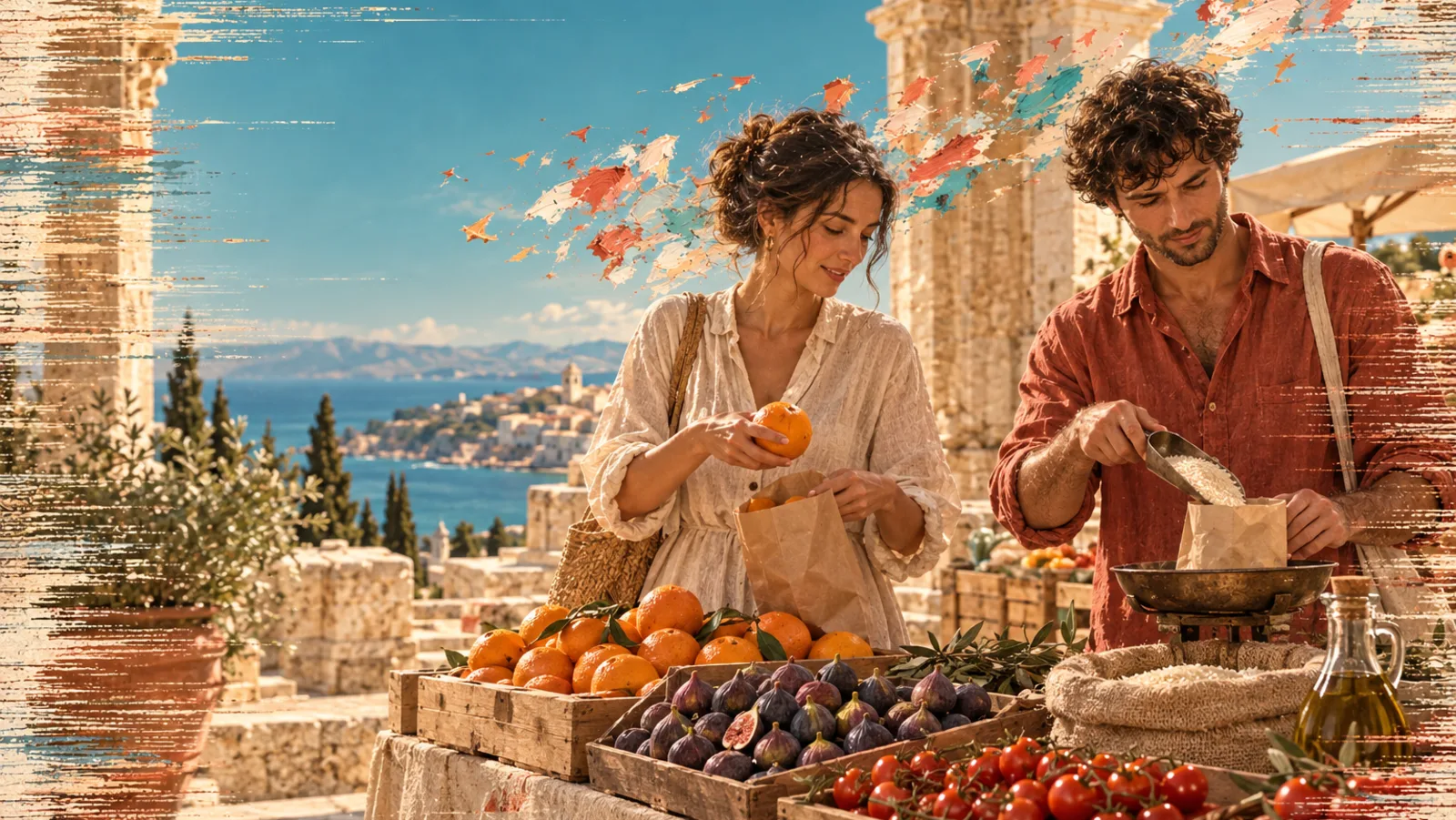 Dos adultos con ropa de lino crema y terracota eligen fruta en un puesto soleado de un mercado mediterráneo bajo arcos de piedra caliza, con fragmentos de color pintados en el cielo