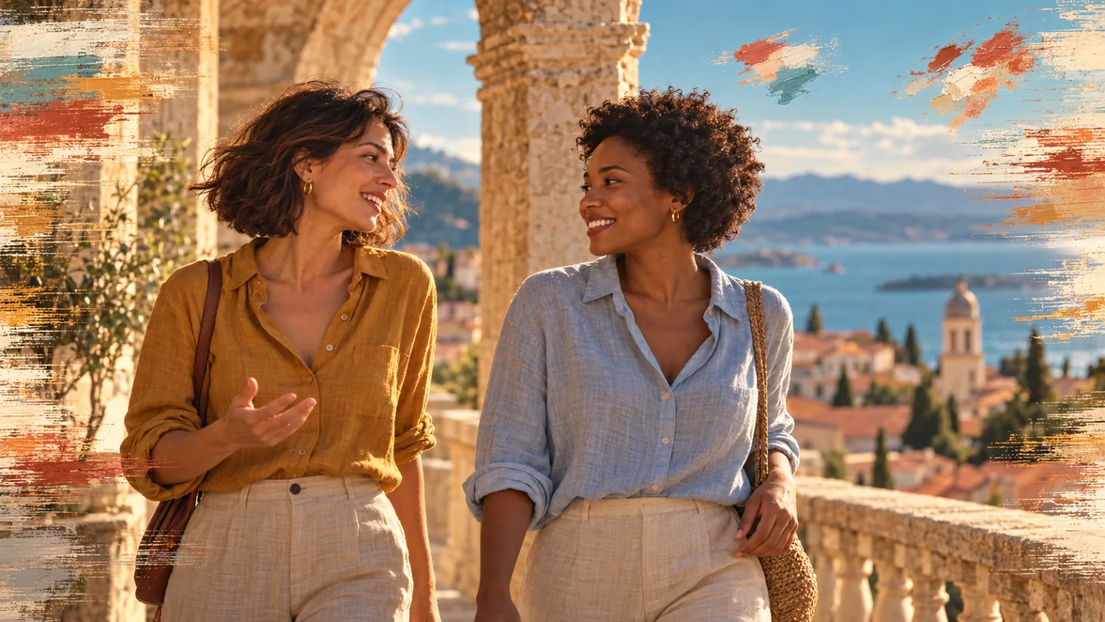 Dos amigas con camisas ocre y azul conversan paseando junto a una balaustrada de piedra con vistas al mar