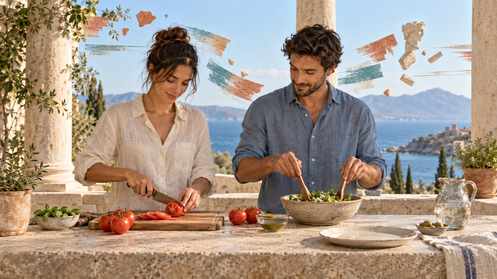 Una mujer corta un tomate y un hombre mezcla una ensalada sobre una encimera de piedra, ante una terraza con columnas y vistas al mar