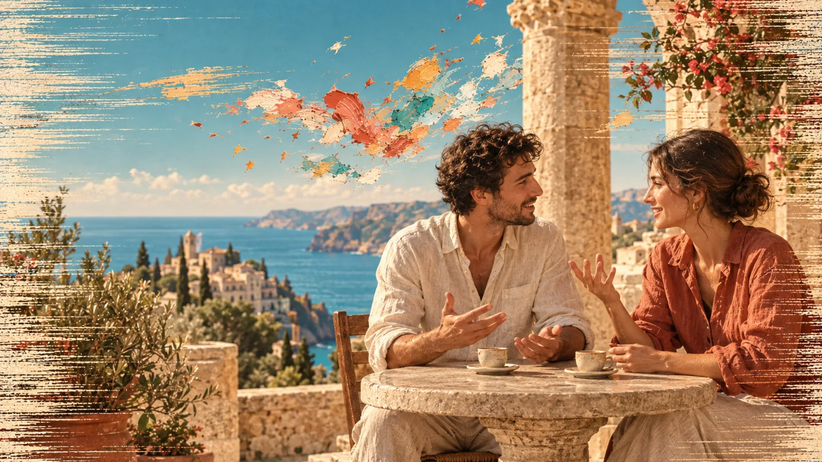 Dos amigos con ropa de lino crema y terracota conversan animadamente en una pequeña mesa de piedra en una logia mediterránea soleada con vistas al mar, con fragmentos abstractos de color pintados en el cielo