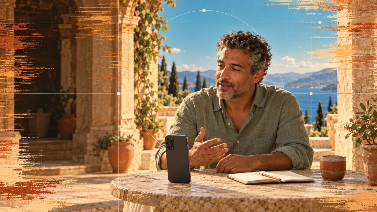 Un hombre de pelo entrecano y camisa verde practica hablando hacia un teléfono sobre una mesa de piedra en una galería mediterránea