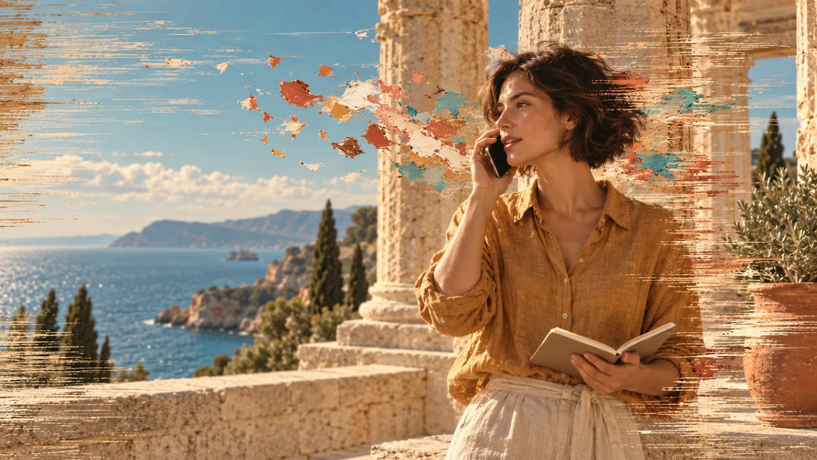 Una mujer habla por teléfono con un cuaderno entre columnas mediterráneas y fragmentos pictóricos de color