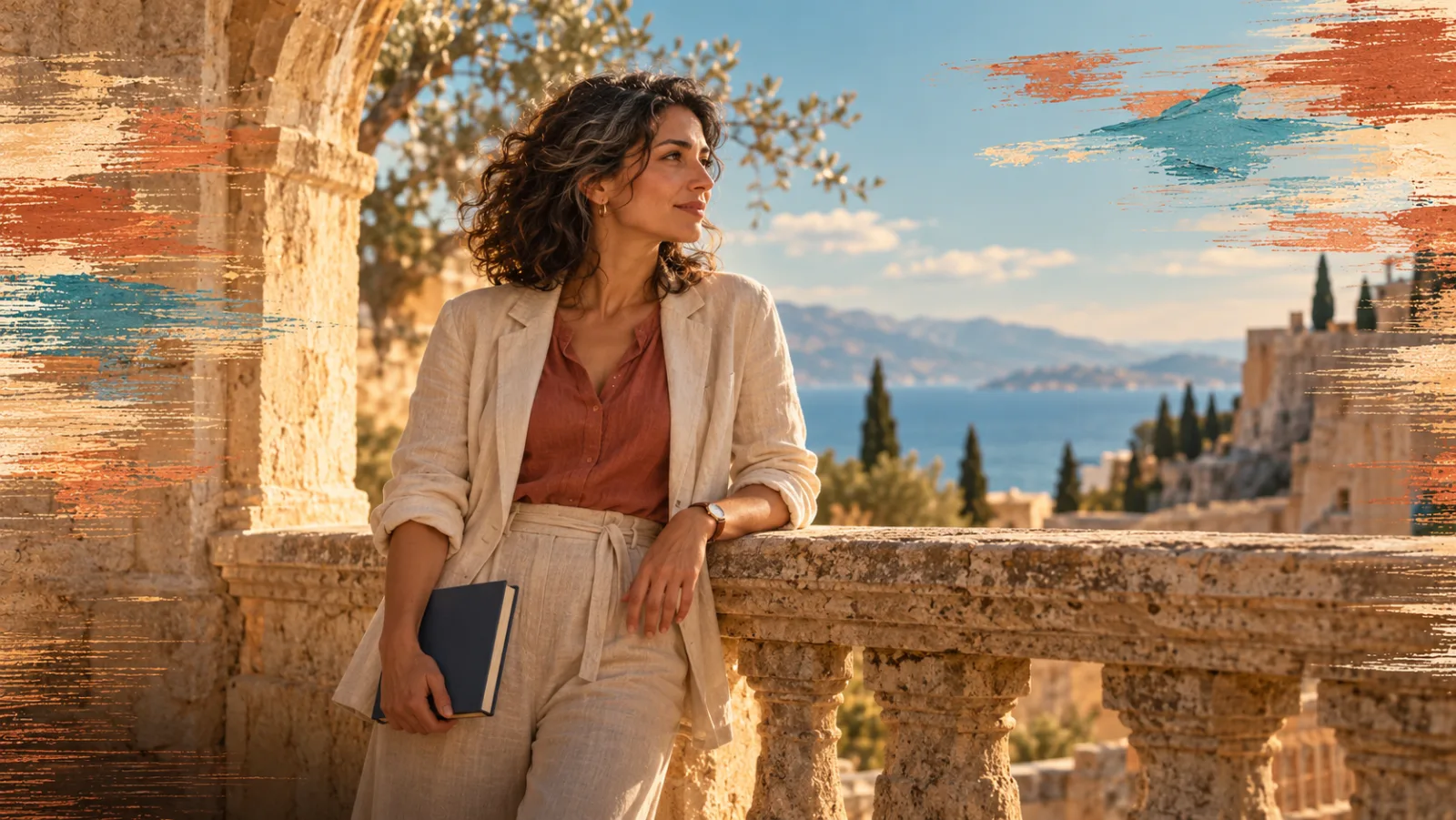 Una mujer con blusa terracota y chaqueta clara espera junto a una balaustrada de piedra bajo un arco mediterráneo con vistas al mar